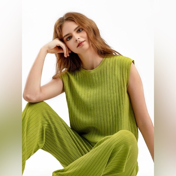 Women Two-Piece Set Top-Pants Medium Green Fruit Sleeveless Wide Leg High Rise - Picture 3 of 14